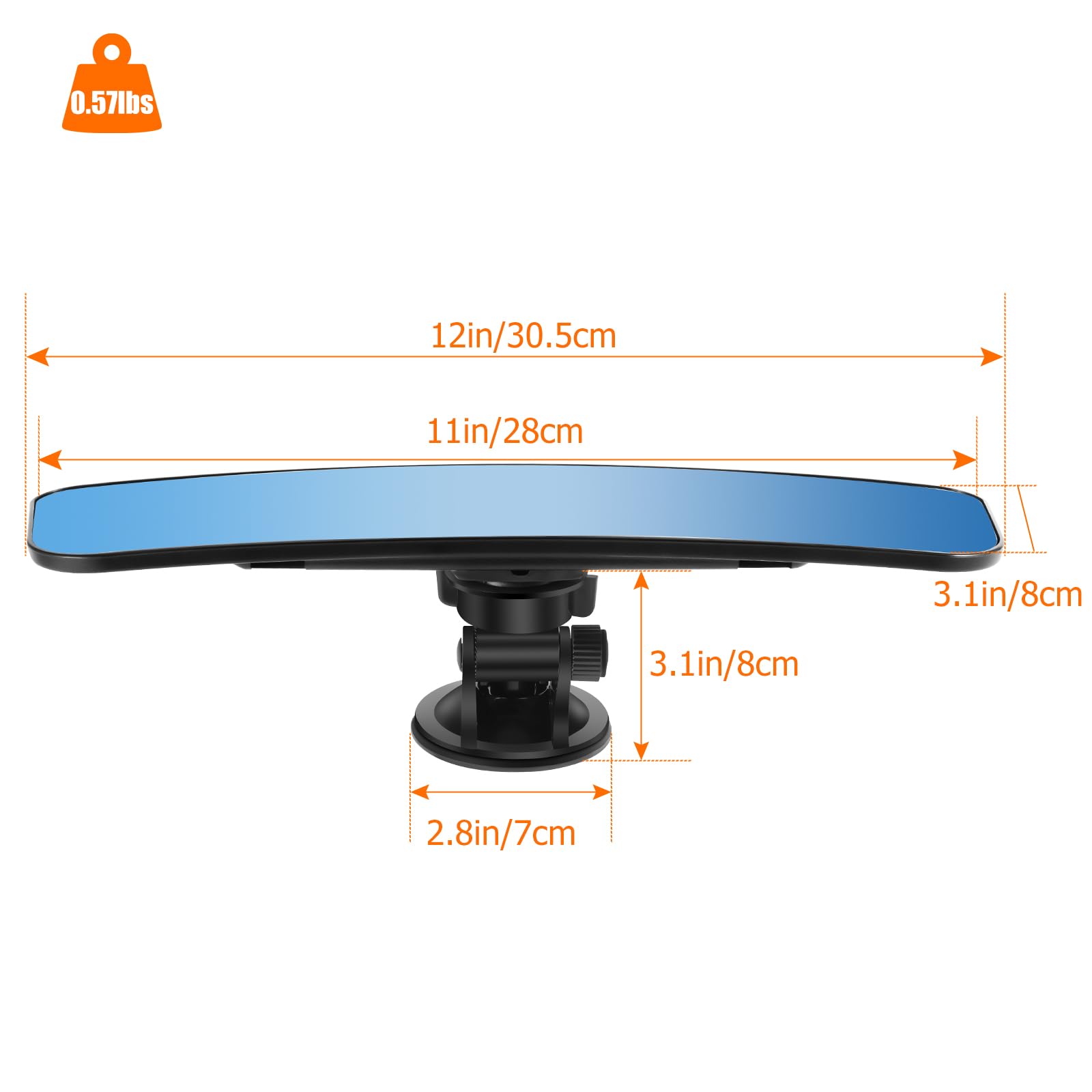 12'' Large Anti Glare Rear View Mirror with Suction Cup, Stick on Universal Frameless Inside Rearview Blue Mirror with Parabolic